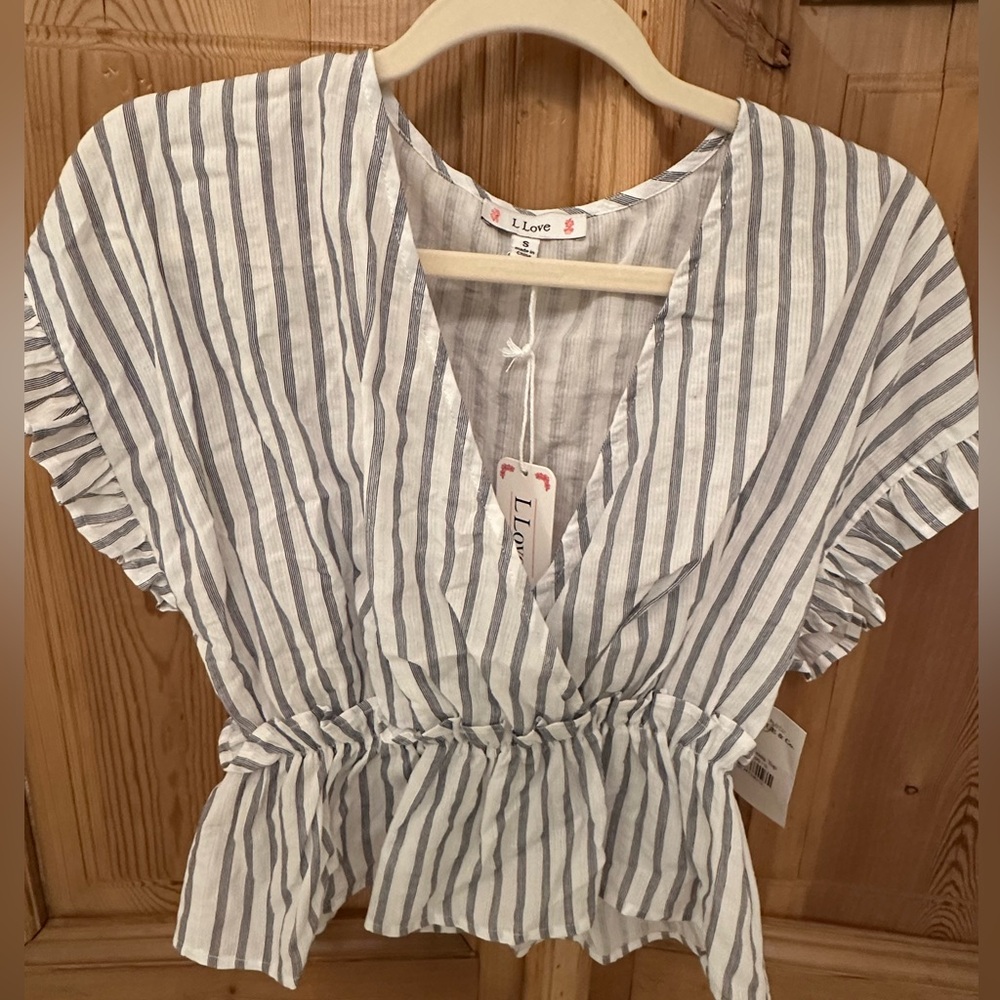 L Love blouse size small. White with Navy stripes. Brand new with tags